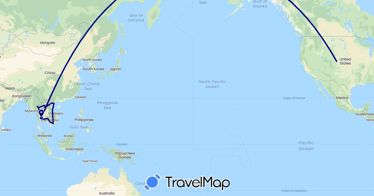 TravelMap itinerary: driving in Cambodia, Laos, Thailand, United States, Vietnam (Asia, North America)